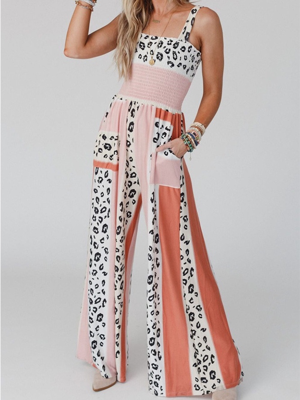 BUCKETLIST Country Chic Leopard Patchwork Striped Wide-Leg Jumpsuit